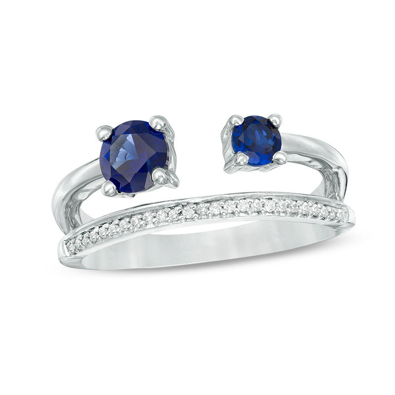 Lab-Created Blue Sapphire and 0.065 CT. T.W. Diamond Open Split Shank Ring in Sterling Silver|Peoples Jewellers