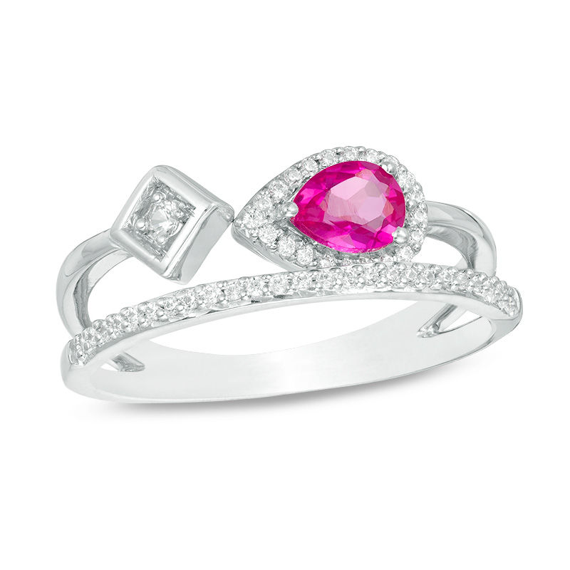Pear-Shaped Lab-Created Ruby, White Sapphire and 0.115 CT. T.W. Diamond Split Shank Ring|Peoples Jewellers