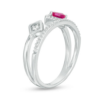 Pear-Shaped Lab-Created Ruby, White Sapphire and 0.115 CT. T.W. Diamond Split Shank Ring