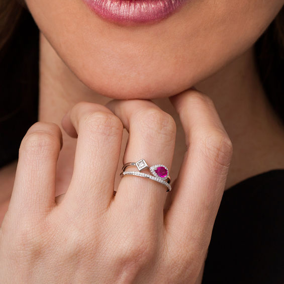 Pear-Shaped Lab-Created Ruby, White Sapphire and 0.115 CT. T.W. Diamond Split Shank Ring