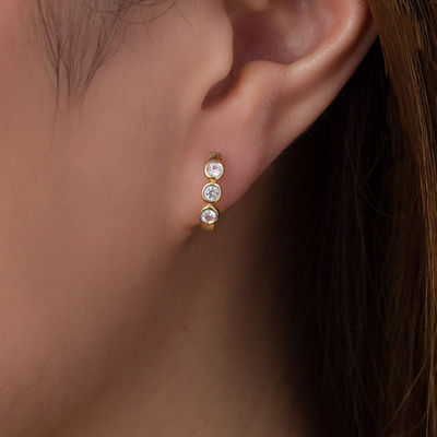 Lab-Created White Sapphire Three Stone Hoop Earrings in 10K Gold