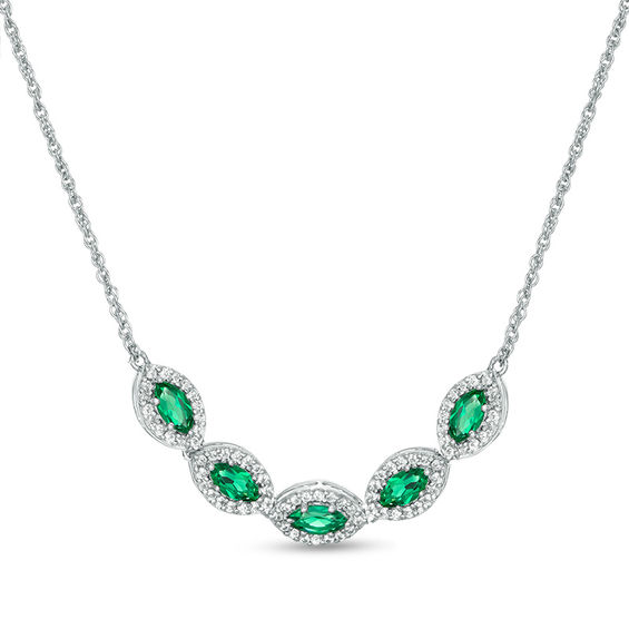 Marquise Lab-Created Emerald and White Sapphire Frame Five Stone Necklace in Sterling Silver