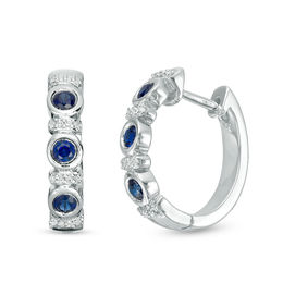 Lab-Created Blue Sapphire and 0.086 CT. T.W. Diamond Collar Three Stone Hoop Earrings in Sterling Silver