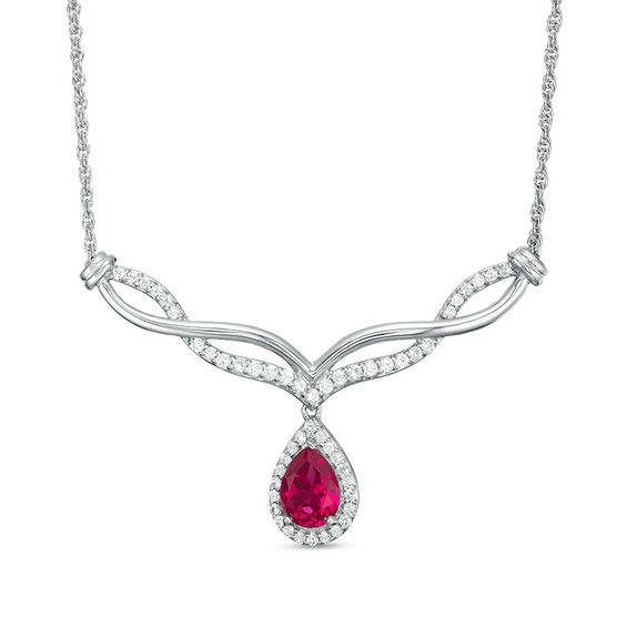 Pear-Shaped Lab-Created Ruby and White Sapphire Braided Chevron Necklace in Sterling Silver