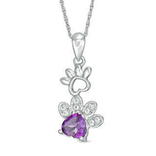 6.0mm Heart-Shaped Amethyst and Lab-Created White Sapphire Paw Prints Pendant in Sterling Silver