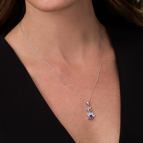 6.0mm Heart-Shaped Amethyst and Lab-Created White Sapphire Paw Prints Pendant in Sterling Silver