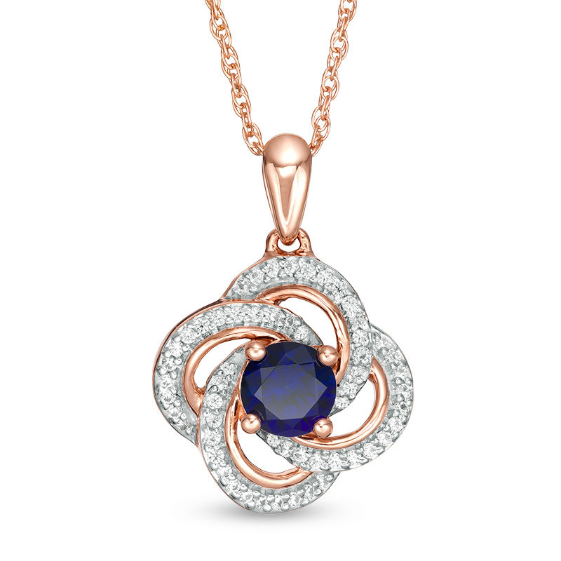 5.0mm Lab-Created Blue Sapphire and 0.145 CT. T.W. Diamond Flower Swirl Frame Pendant in 10K Rose Gold|Peoples Jewellers