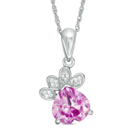 8.0mm Heart-Shaped Lab-Created Pink Sapphire and 0.041 CT. T.W. Diamond Paw Print Pendant in Sterling Silver