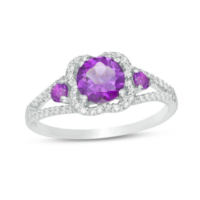 6.0mm Amethyst and 0.18 CT. T.W. Diamond Scallop Frame Ring in Sterling Silver