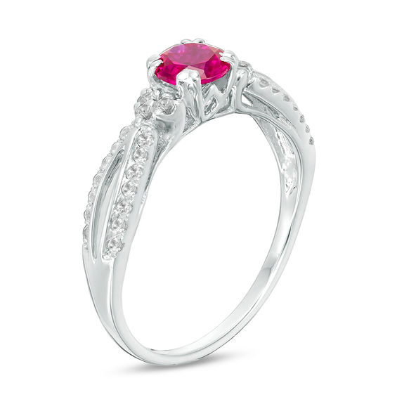 5.0mm Lab-Created Ruby and White Sapphire Tri-Sides Split Shank Ring in Sterling Silver