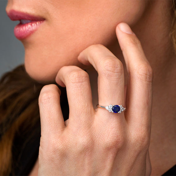 5.5mm Lab-Created Blue and White Sapphire Tri-Sides Ring in Sterling Silver