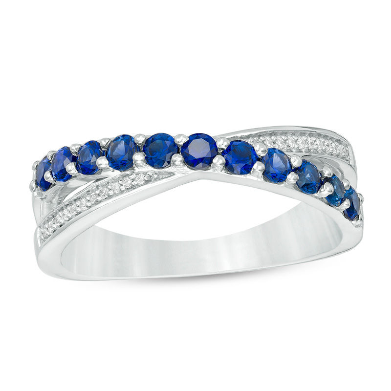 Lab-Created Blue Sapphire and Diamond Accent Criss-Cross Ring in Sterling Silver|Peoples Jewellers
