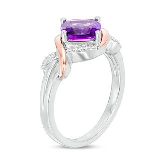 7.0mm Cushion-Cut Amethyst and 0.040 CT. T.W. Diamond Overlay Frame Ring in Sterling Silver and 10K Rose Gold