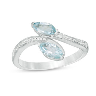 Marquise Aquamarine and 0.040 CT. T.W. Diamond Bypass Ring in Sterling Silver