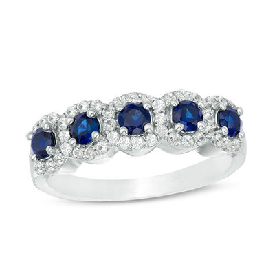 Lab-Created Blue and White Sapphire Frame Five Stone Ring in Sterling Silver