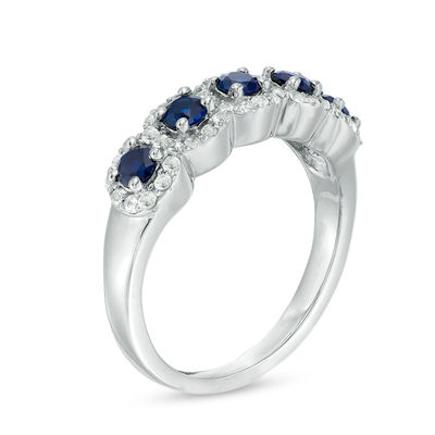 Lab-Created Blue and White Sapphire Frame Five Stone Ring in Sterling Silver