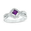 Thumbnail Image 0 of 4.0mm Princess-Cut Amethyst and 0.085 CT. T.W. Diamond Split Shank Ring in Sterling Silver