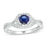 5.0mm Lab-Created Blue Sapphire and 0.18 CT. T.W. Diamond Frame Split Shank Ring in Sterling Silver