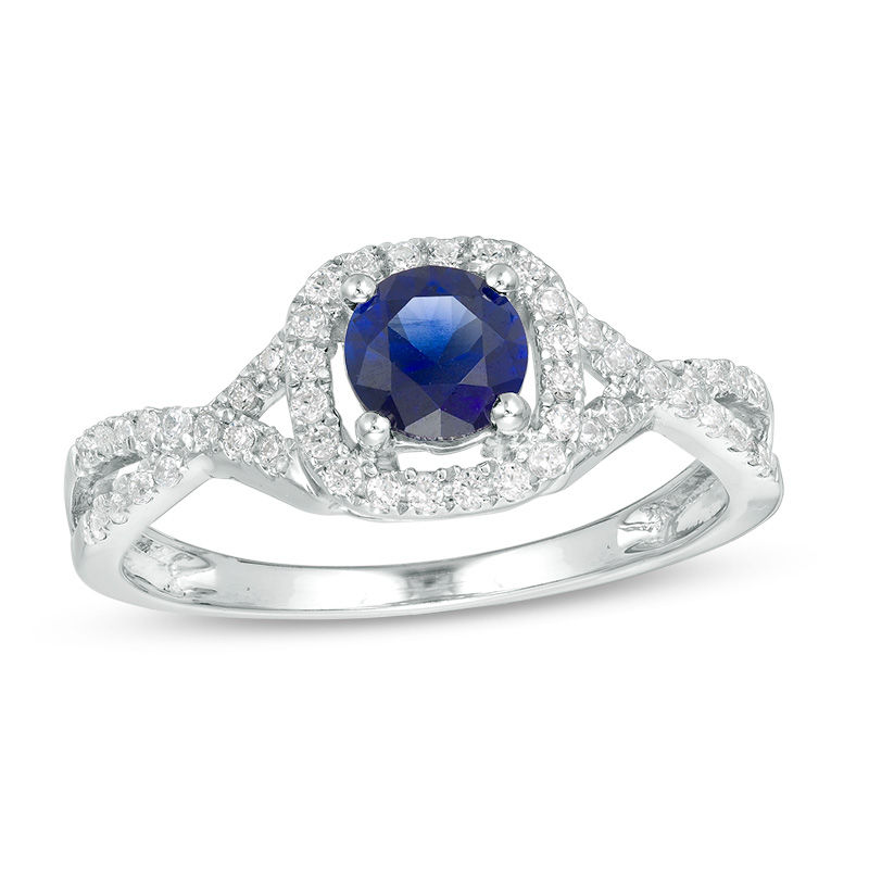 5.0mm Lab-Created Blue Sapphire and 0.18 CT. T.W. Diamond Frame Split Shank Ring in Sterling Silver|Peoples Jewellers