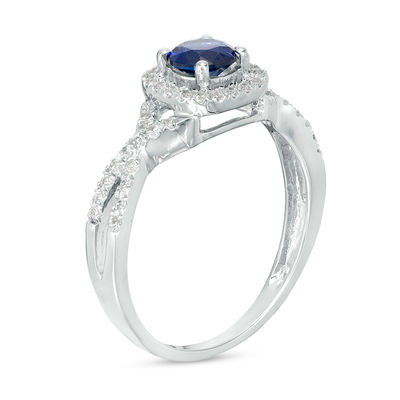 5.0mm Lab-Created Blue Sapphire and 0.18 CT. T.W. Diamond Frame Split Shank Ring in Sterling Silver