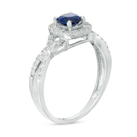 5.0mm Lab-Created Blue Sapphire and 0.18 CT. T.W. Diamond Frame Split Shank Ring in Sterling Silver