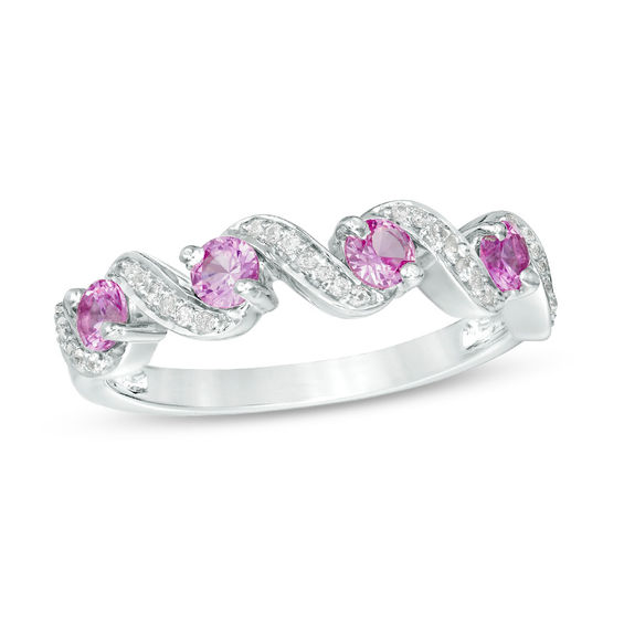 Lab-Created Pink Sapphire and 0.087 CT. T.W. Diamond Cascading Band in Sterling Silver