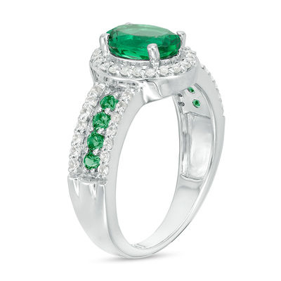 Oval Lab-Created Emerald and White Sapphire Frame Ring in Sterling Silver