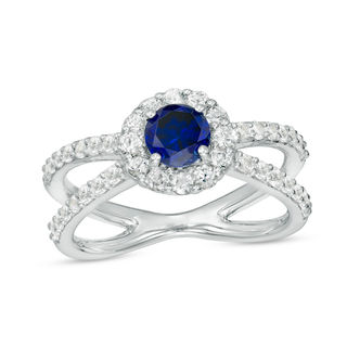 5.0mm Lab-Created Blue and White Sapphire Frame Orbit Ring in Sterling Silver