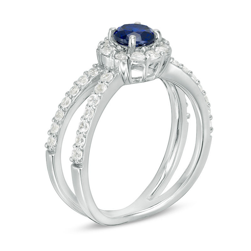 5.0mm Lab-Created Blue and White Sapphire Frame Orbit Ring in Sterling ...