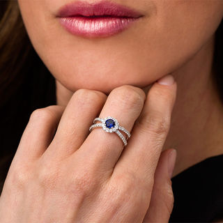 5.0mm Lab-Created Blue and White Sapphire Frame Orbit Ring in Sterling Silver