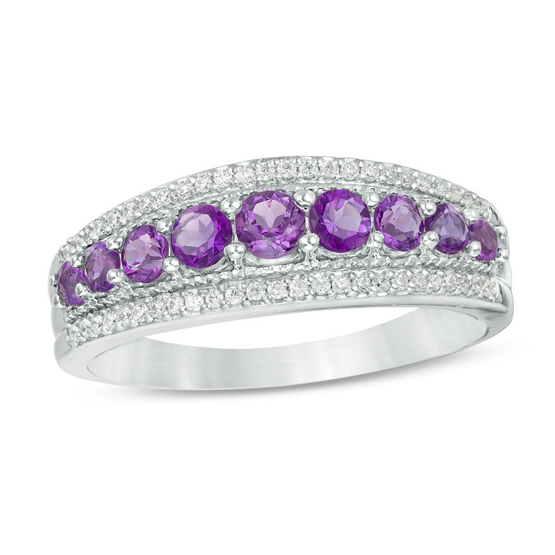 Amethyst and 0.145 CT. T.W. Diamond Nine Stone Vintage-Style Ring in Sterling Silver