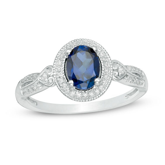 Oval Lab-Created Blue Sapphire and 0.115 CT. T.W. Diamond Frame Vintage-Style Ring in 10K White Gold