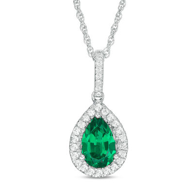 Pear-Shaped Lab-Created Emerald and 0.115 CT. T.W. Diamond Frame Pendant in Sterling Silver