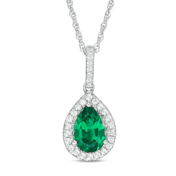 Pear-Shaped Lab-Created Emerald and 0.115 CT. T.W. Diamond Frame ...