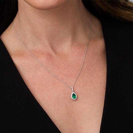 Pear-Shaped Lab-Created Emerald and 0.115 CT. T.W. Diamond Frame Pendant in Sterling Silver