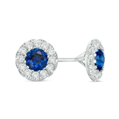 4.3mm Lab-Created Blue Sapphire and 0.23 CT. T.W. Diamond Frame Stud Earrings in Sterling Silver