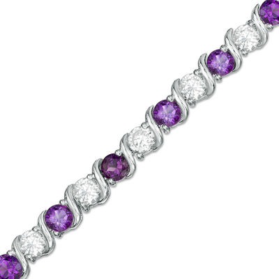 4.0mm Amethyst and Lab-Created White Sapphire Alternating Line Bracelet in Sterling Silver - 7.25"