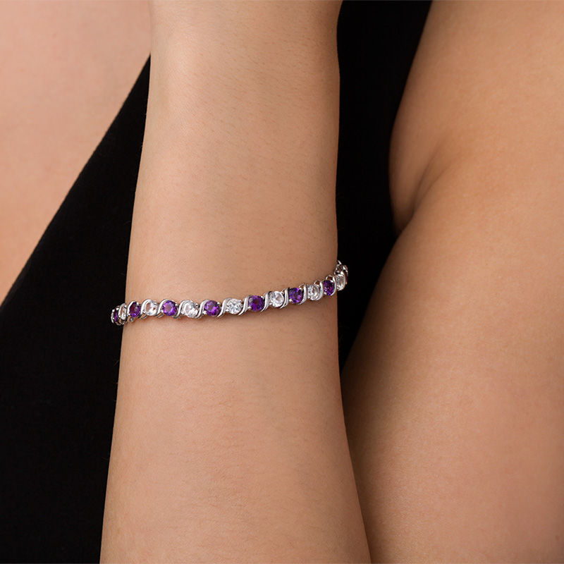 4.0mm Amethyst and Lab-Created White Sapphire Alternating Line Bracelet in Sterling Silver - 7.25"|Peoples Jewellers