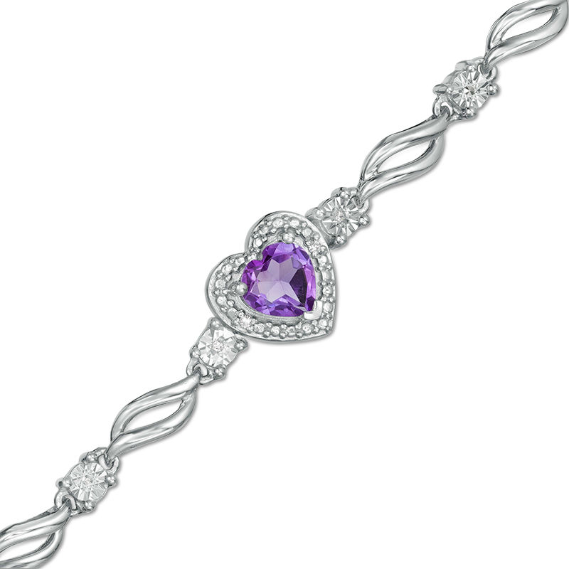 6.0mm Heart-Shaped Amethyst and Diamond Accent Flame Bracelet in Sterling Silver - 7.5"|Peoples Jewellers