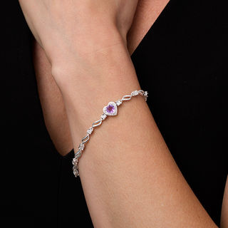 6.0mm Heart-Shaped Amethyst and Diamond Accent Flame Bracelet in Sterling Silver - 7.5"