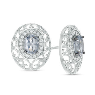 Oval Lab-Created Grey Spinel and White Sapphire Filigree Frame Stud Earrings in Sterling Silver