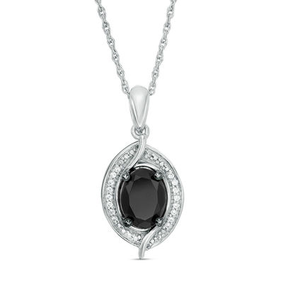 Oval Lab-Created Black Sapphire and 0.04 CT. T.W. Diamond Bead Bypass Swirl Frame Pendant in Sterling Silver