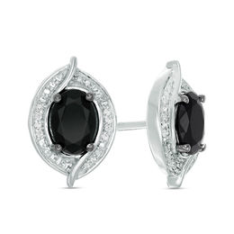 Oval Lab-Created Black Sapphire and 0.04 CT. T.W. Diamond Bead Bypass Swirl Frame Stud Earrings in Sterling Silver