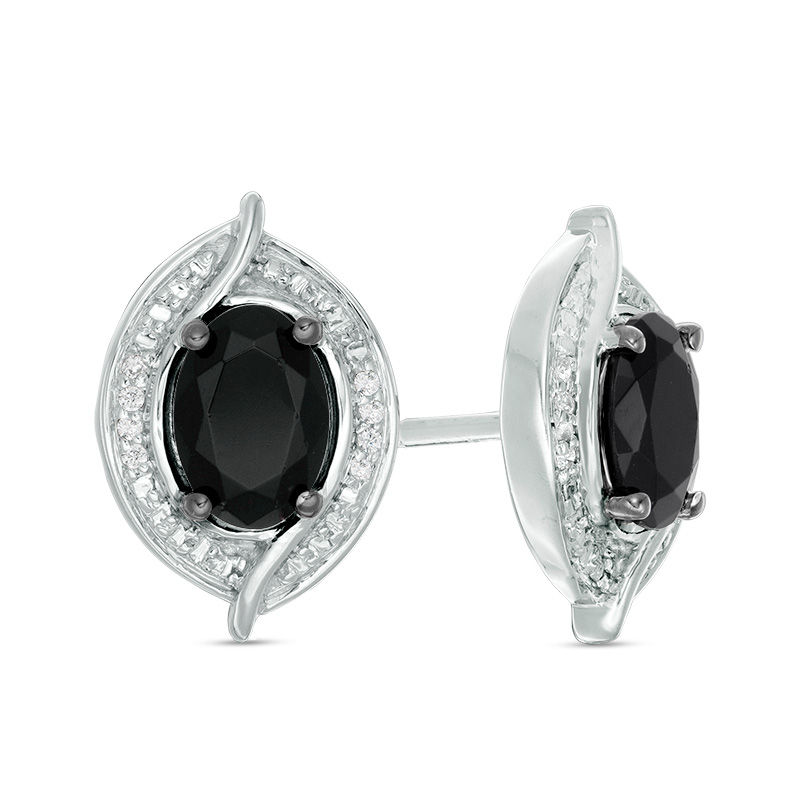 Oval Lab-Created Black Sapphire and 0.04 CT. T.W. Diamond Bead Bypass Swirl Frame Stud Earrings in Sterling Silver|Peoples Jewellers