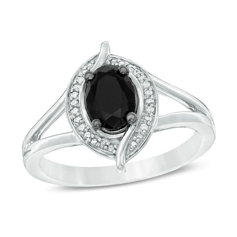 Oval Lab-Created Black Sapphire and 0.04 CT. T.W. Diamond Bead Bypass Swirl Frame Ring in Sterling Silver|Peoples Jewellers