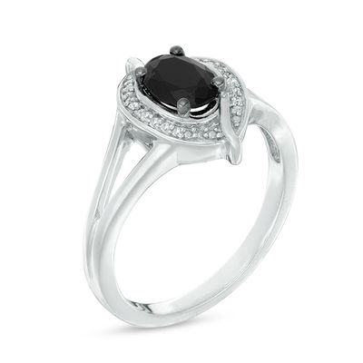 Oval Lab-Created Black Sapphire and 0.04 CT. T.W. Diamond Bead Bypass Swirl Frame Ring in Sterling Silver