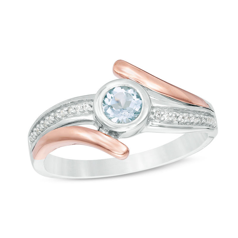 4.1mm Aquamarine and 0.066 CT. T.W. Diamond Bypass Ring in Sterling Silver and 10K Rose Gold|Peoples Jewellers