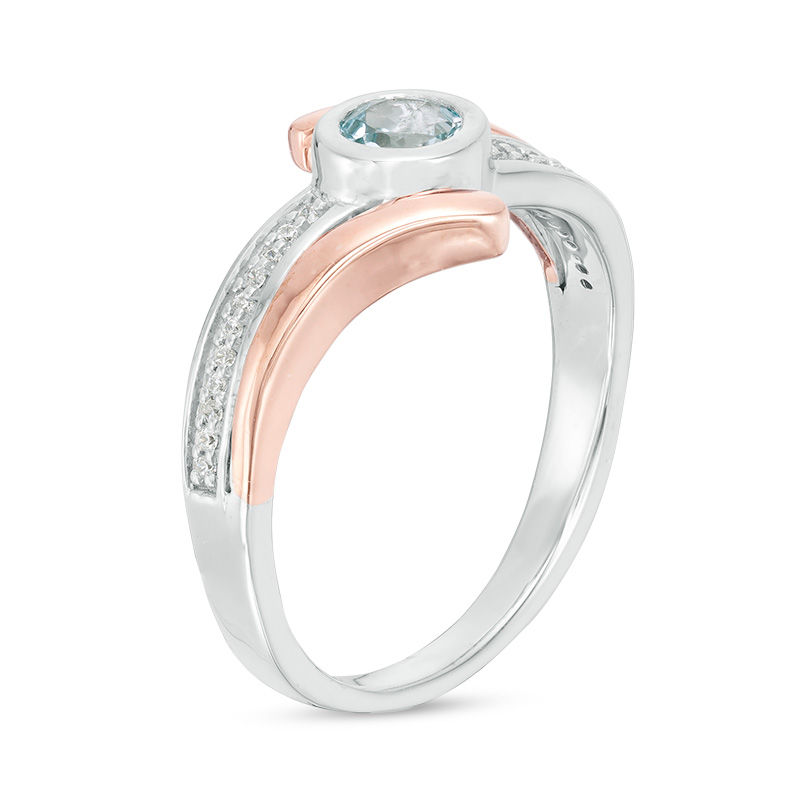 4.1mm Aquamarine and 0.066 CT. T.W. Diamond Bypass Ring in Sterling Silver and 10K Rose Gold|Peoples Jewellers