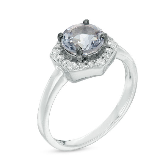 7.0mm Lab-Created Grey Spinel and White Sapphire Hexagon Frame Ring in Sterling Silver