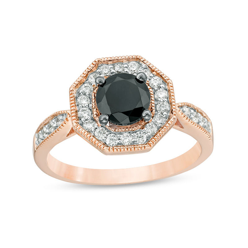 6.0mm Lab-Created Black Sapphire and 0.29 CT. T.W. Diamond Octagon Frame Vintage-Style Ring in 10K Rose Gold|Peoples Jewellers